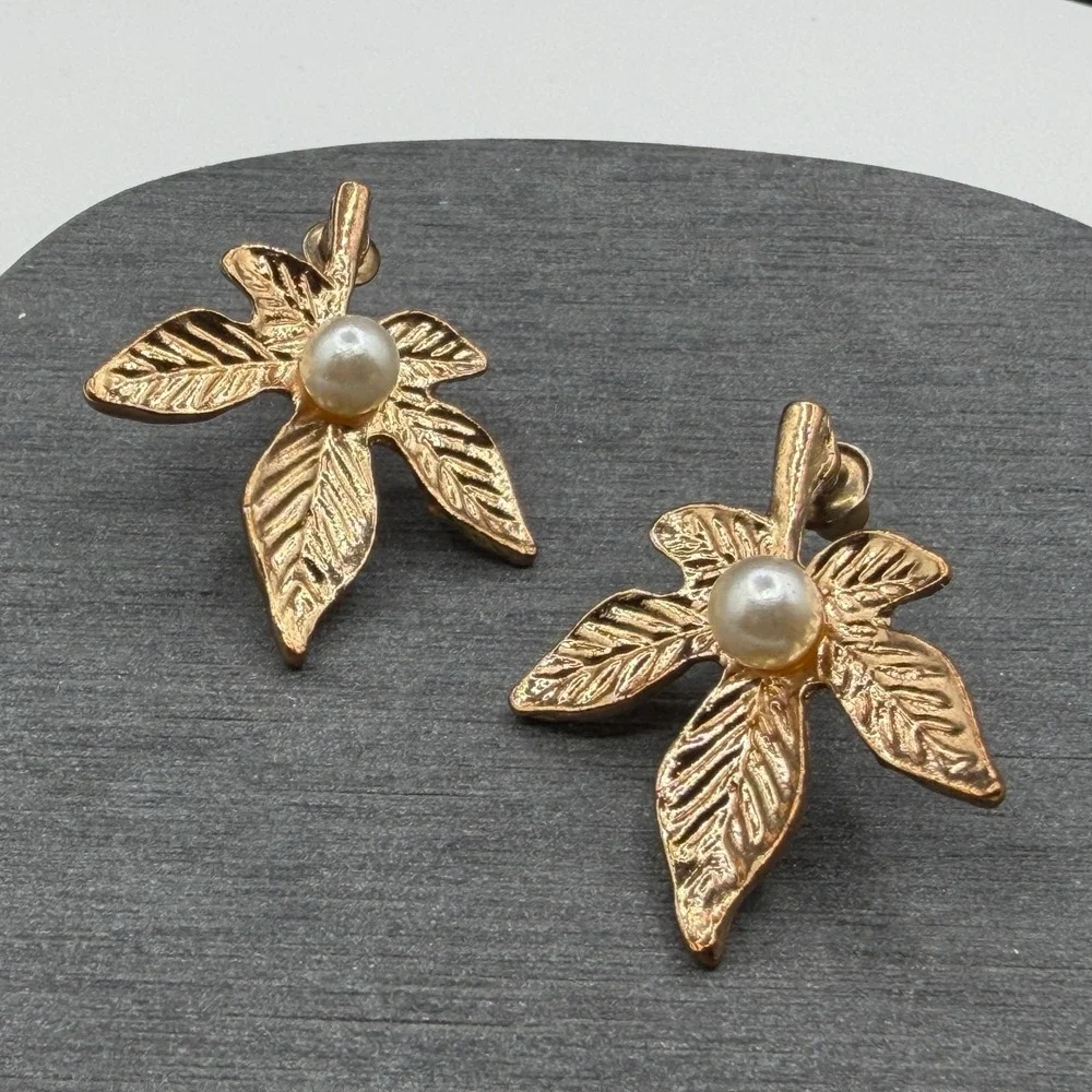 Gold Tone Pearl Leaf Drop Earrings Botanical Cottagecore Statement Jewelry Gift